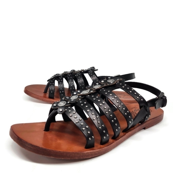 Patricia Nash Erba Black Italian Leather Strappy Floral Studded Flat Sandals - Picture 1 of 11